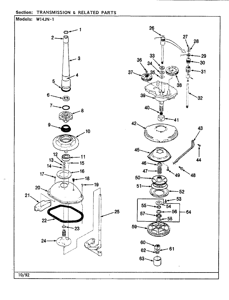 TRANSMISSION & RELATED PARTS (REV. E - J) Diagram and Parts List for W14JA1  Magic Chef Washer