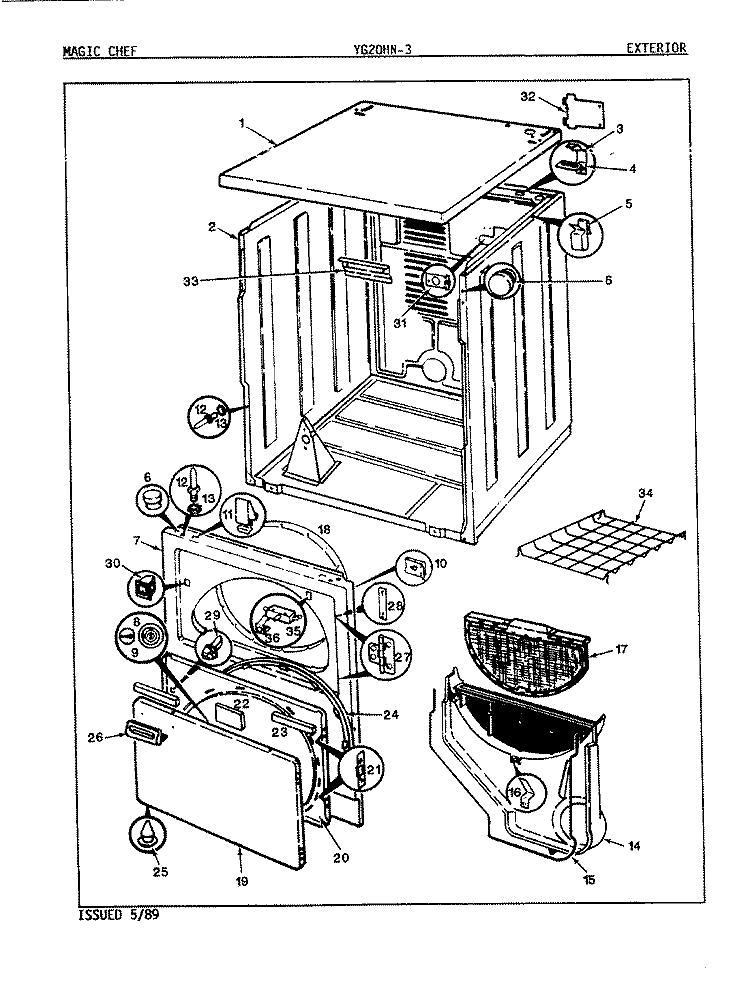 EXTERIOR Diagram and Parts List for YG20HN3  Magic Chef Dryer
