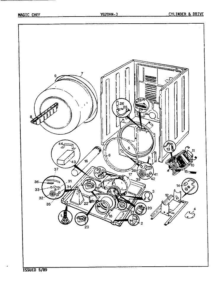 CYLINDER & DRIVE Diagram and Parts List for YG20HN3  Magic Chef Dryer