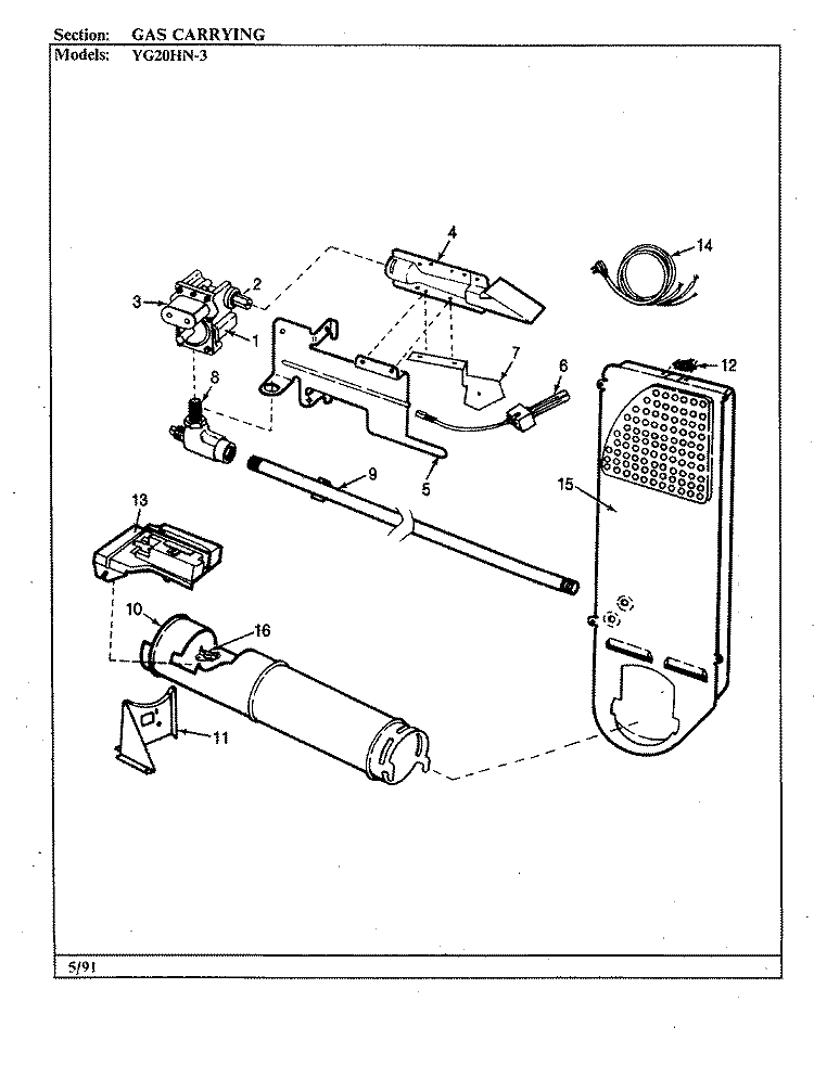 GAS CARRYING Diagram and Parts List for YG20HN3  Magic Chef Dryer