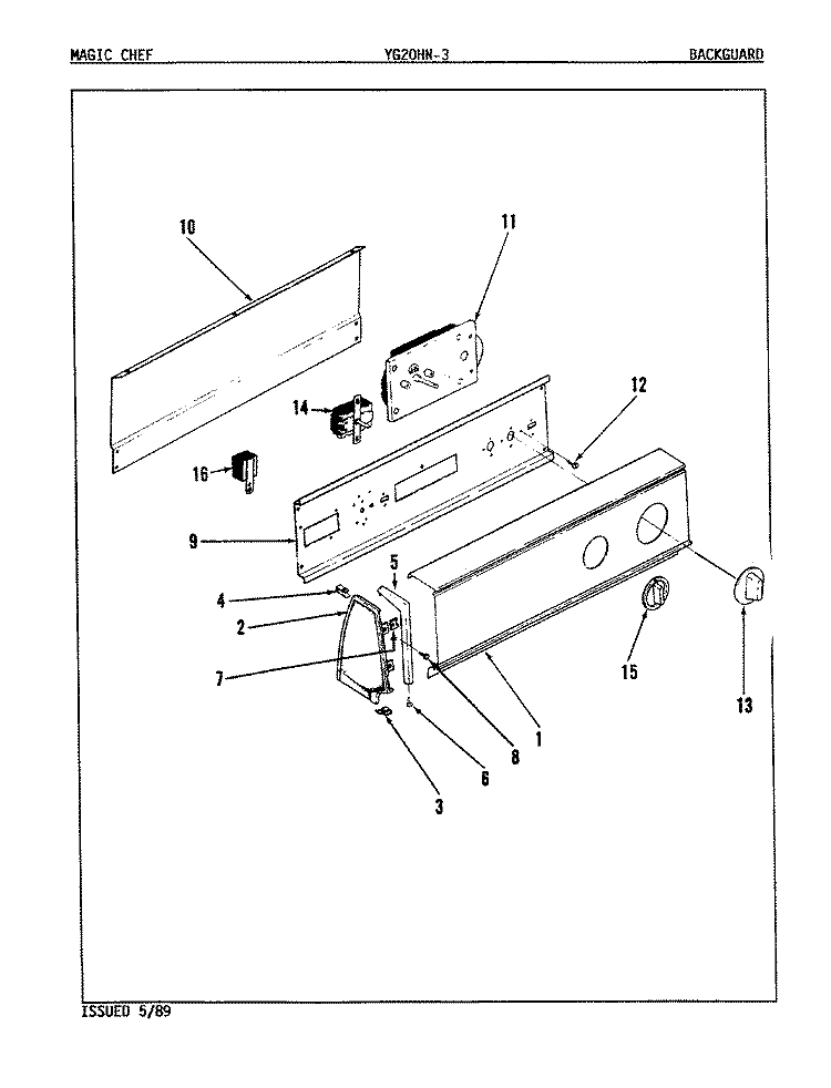 CONTROL PANEL Diagram and Parts List for YG20HN3  Magic Chef Dryer