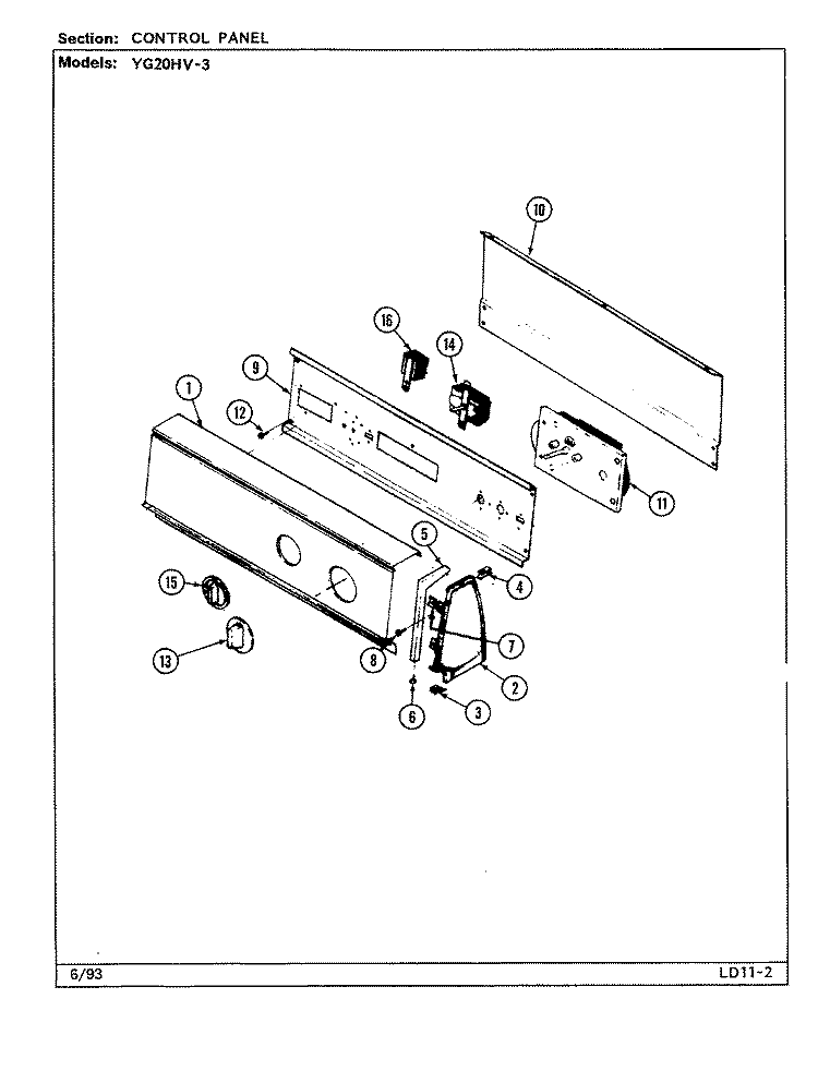 CONTROL PANEL (YG20HV3) Diagram and Parts List for YG20HV3  Magic Chef Dryer