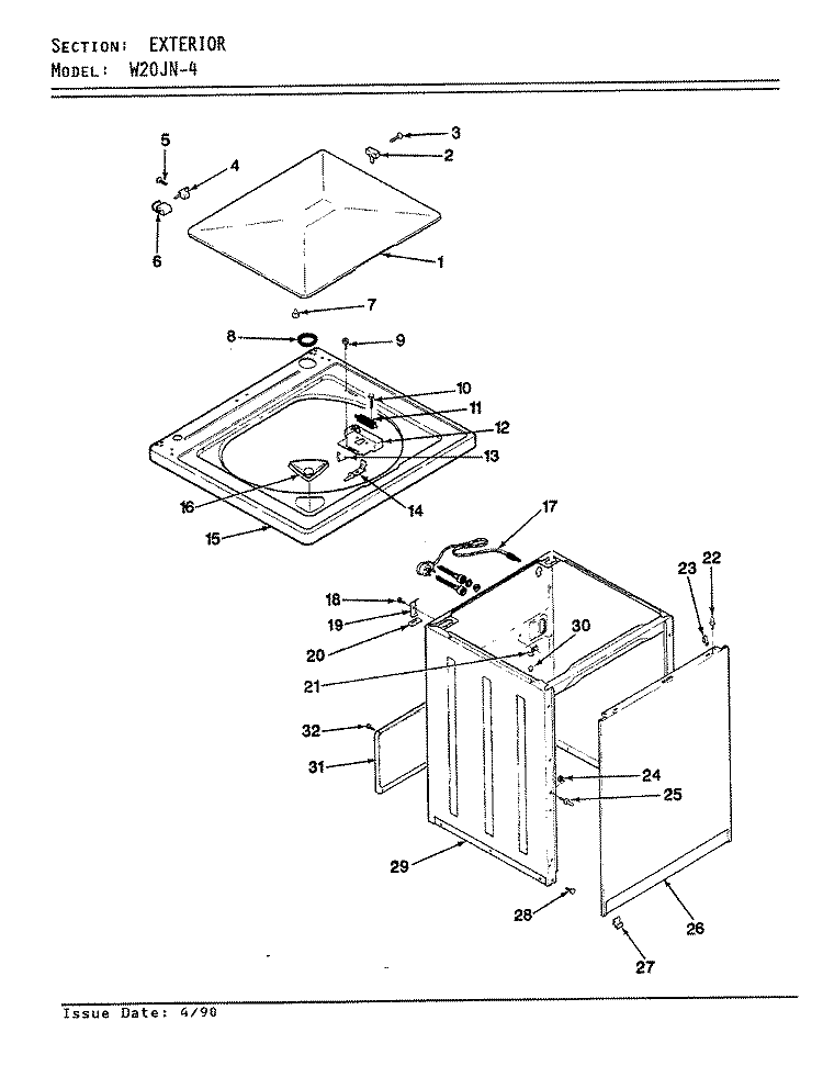 EXTERIOR (ORIG / REV. A - D) Diagram and Parts List for W20JY4  Magic Chef Washer