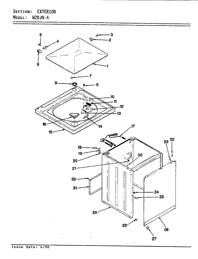 EXTERIOR (REV. E - F) Diagram and Parts List for W20JY4  Magic Chef Washer