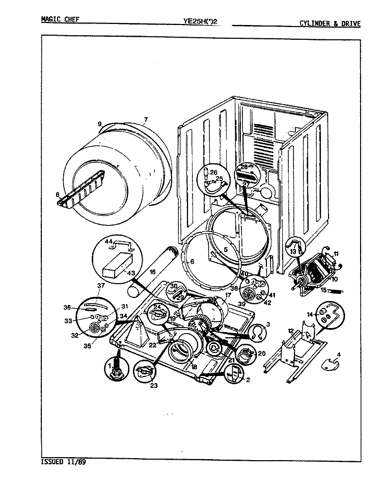 CYLINDER & DRIVE (REV. A - D) Diagram and Parts List for YE25HA2  Magic Chef Dryer