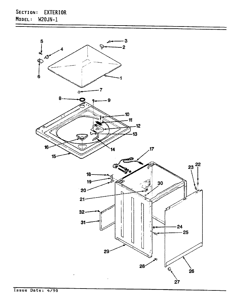EXTERIOR (REV. E - F) Diagram and Parts List for W20JN1  Magic Chef Washer