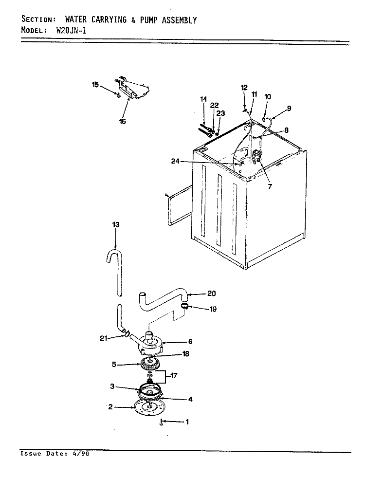 WATER CARRYING & PUMP ASSY. (REV. E - F) Diagram and Parts List for W20JY1  Magic Chef Washer