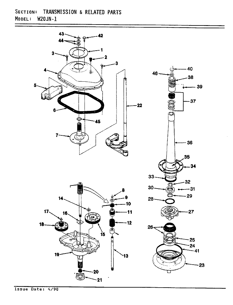TRANSMISSION & RELATED PARTS (REV. E - F) Diagram and Parts List for W20JY1  Magic Chef Washer