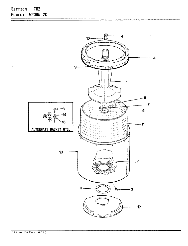 TUB (W20HN - 2C) (REV. A - D) Diagram and Parts List for W20HA2C  Magic Chef Washer