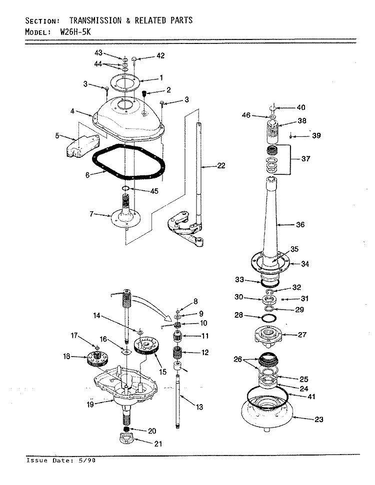 TRANSMISSION Diagram and Parts List for W26HN5K  Magic Chef Washer