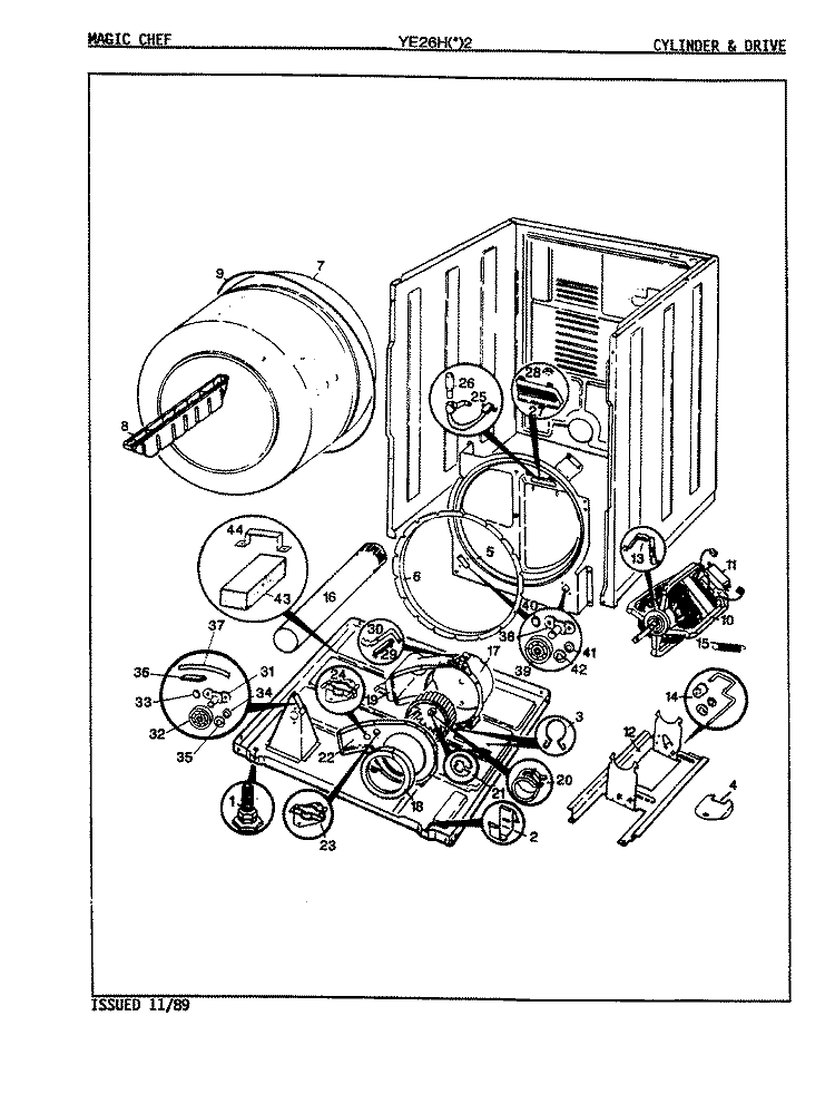 CYLINDER & DRIVE (REV. A - D) Diagram and Parts List for YE26HN2  Magic Chef Dryer