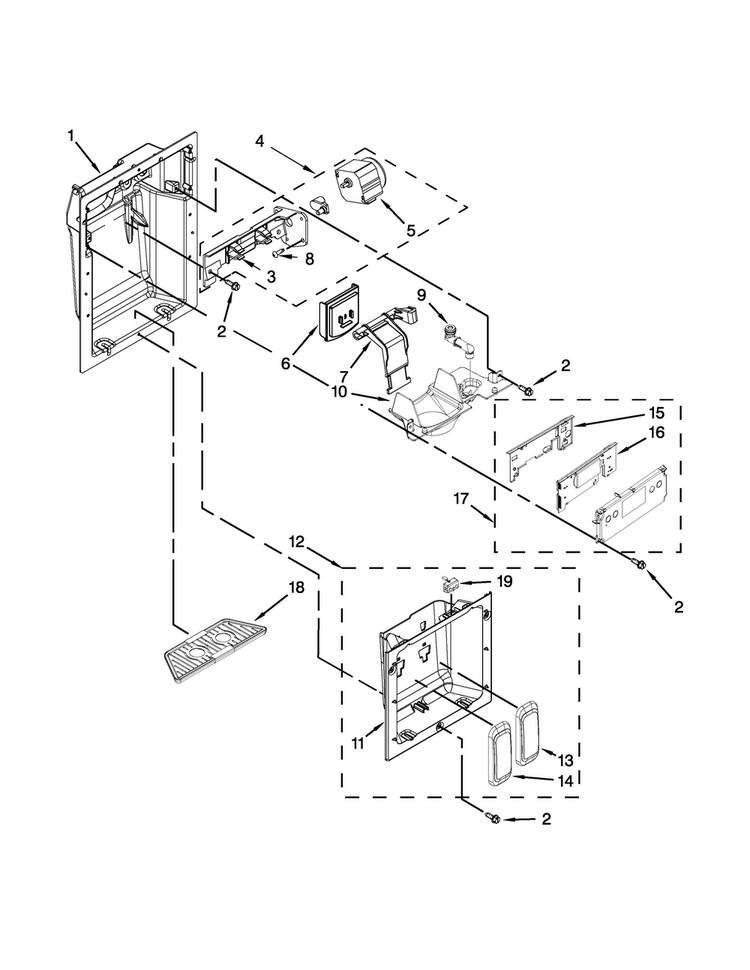 Dispenser Front Parts Diagram and Parts List for JS42PPDUDE00  Jenn-Air Refrigerator