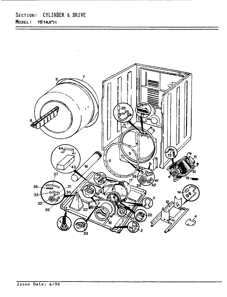 CYLINDER & DRIVE Diagram and Parts List for YE14JA1  Magic Chef Dryer