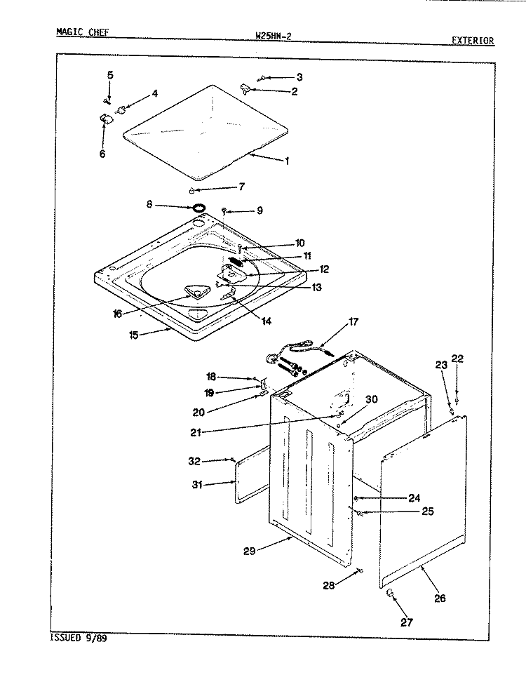 EXTERIOR (REV. E - F) Diagram and Parts List for W25HN2  Magic Chef Washer