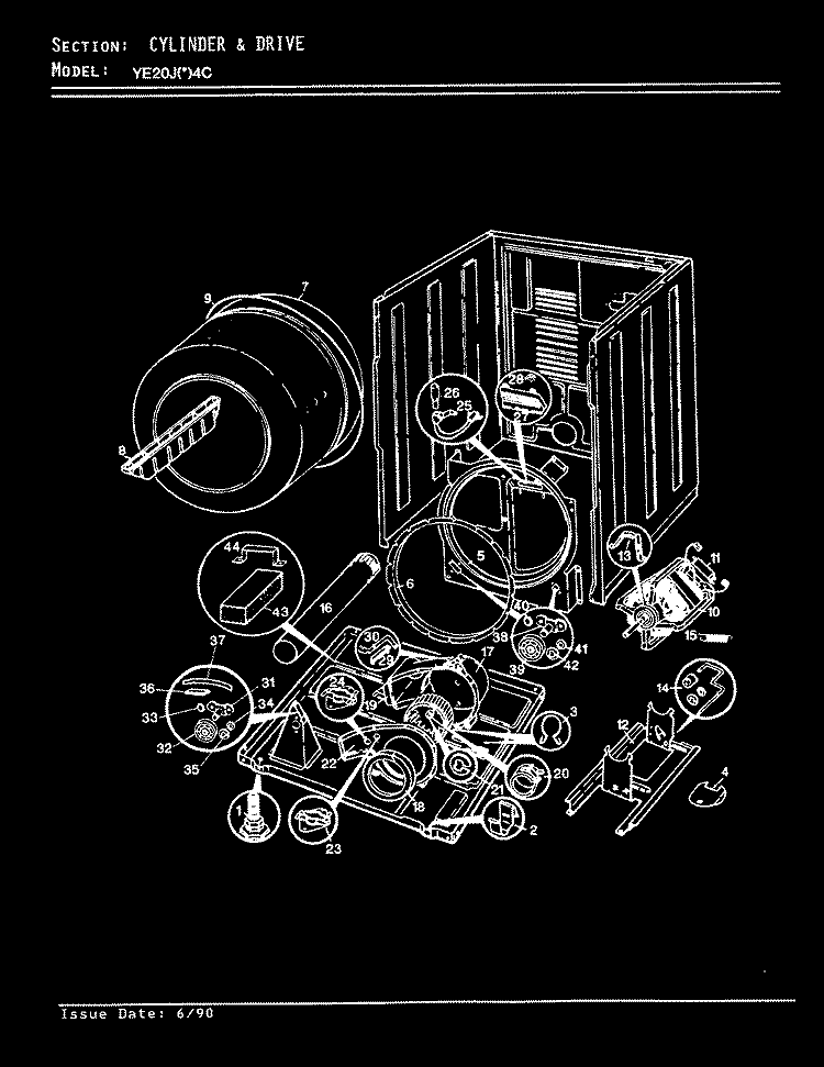 CYLINDER & DRIVE Diagram and Parts List for YE20JA4C  Magic Chef Dryer