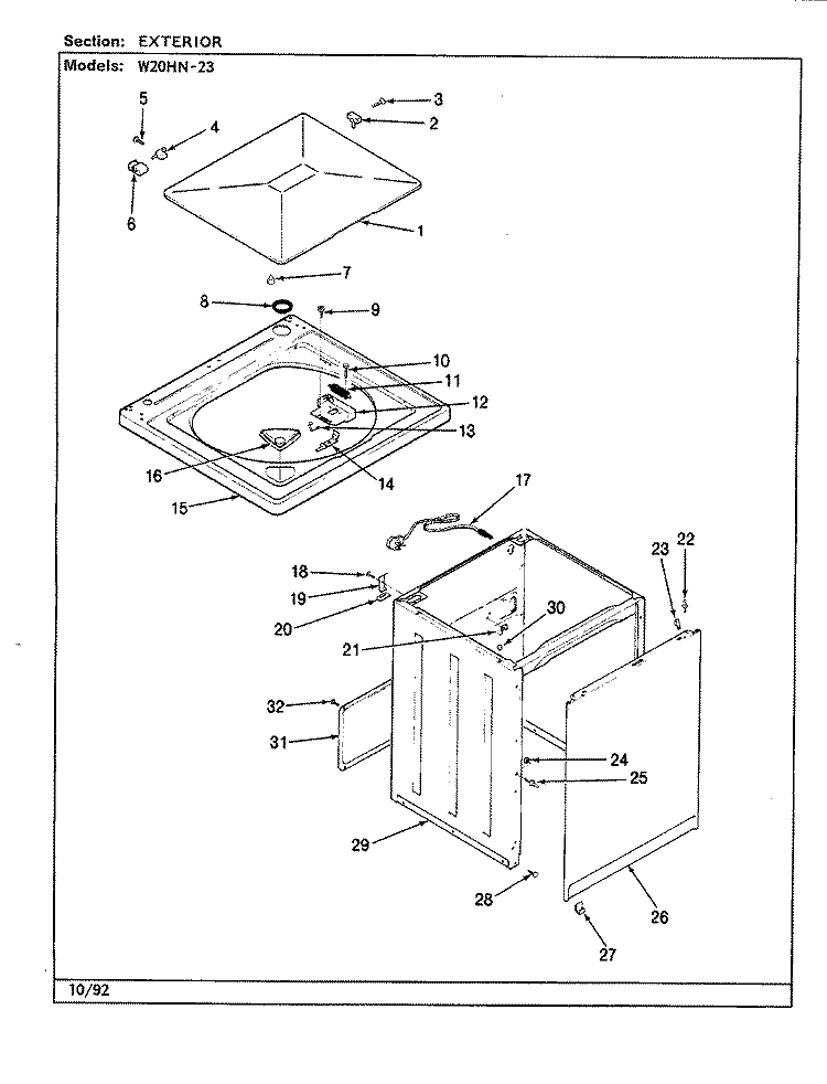 EXTERIOR (REV. A - D) Diagram and Parts List for W20HN23  Magic Chef Washer
