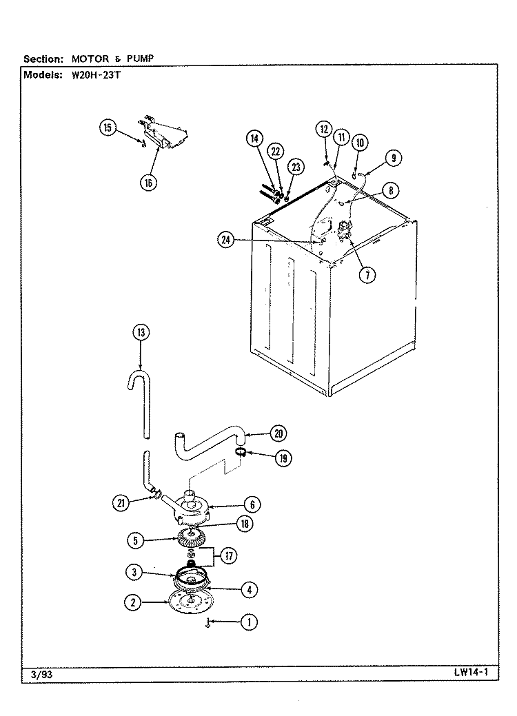 MOTOR & PUMP (W20H23T) Diagram and Parts List for W20HN23  Magic Chef Washer