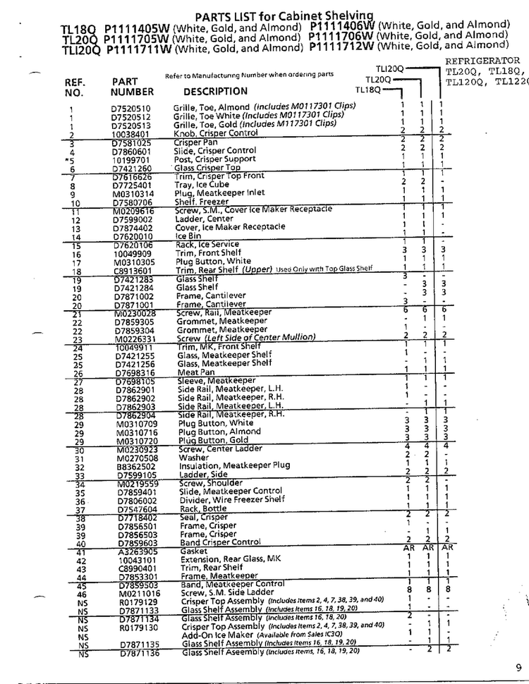 Cabinet Shelving Page 2 Diagram and Parts List for TL120Q  Amana Refrigerator
