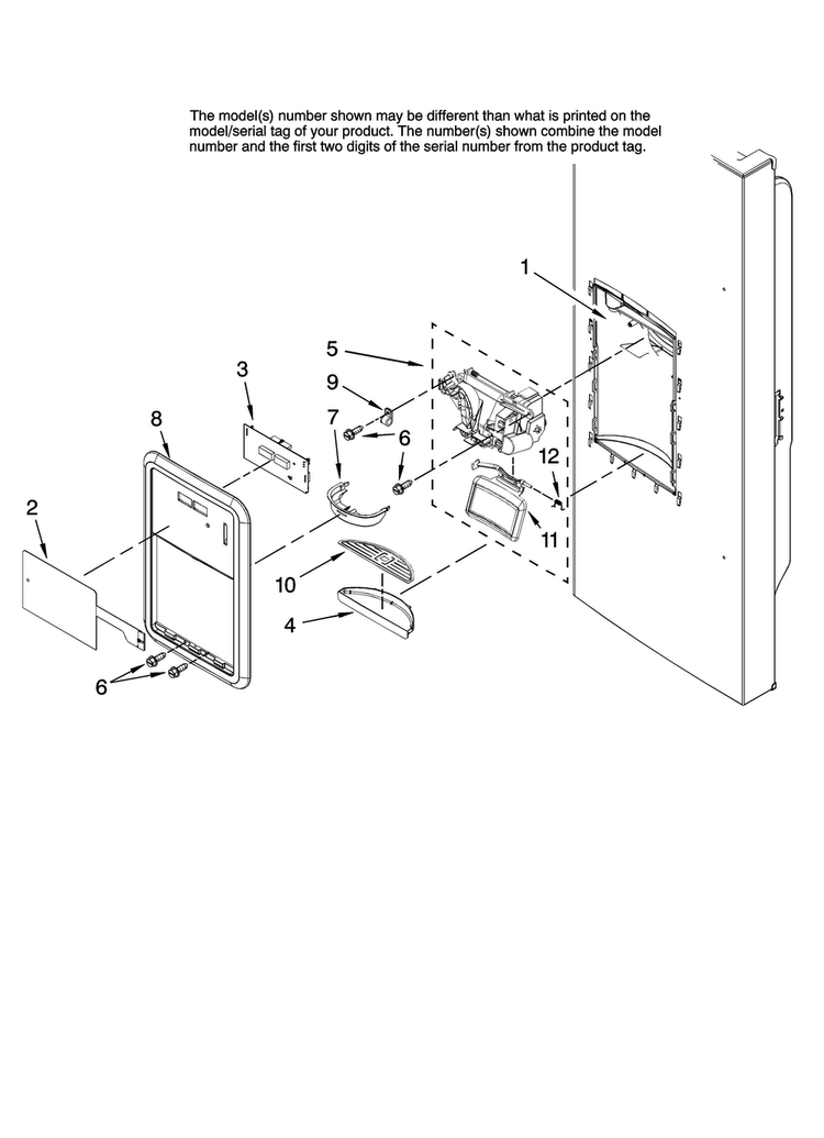 Dispenser Front Parts Diagram and Parts List for 7MI2569VEM10  Maytag Refrigerator