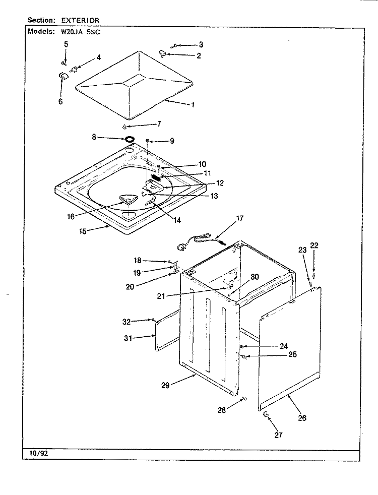 EXTERIOR (REV. A - D) Diagram and Parts List for W20JA5SC  Magic Chef Washer