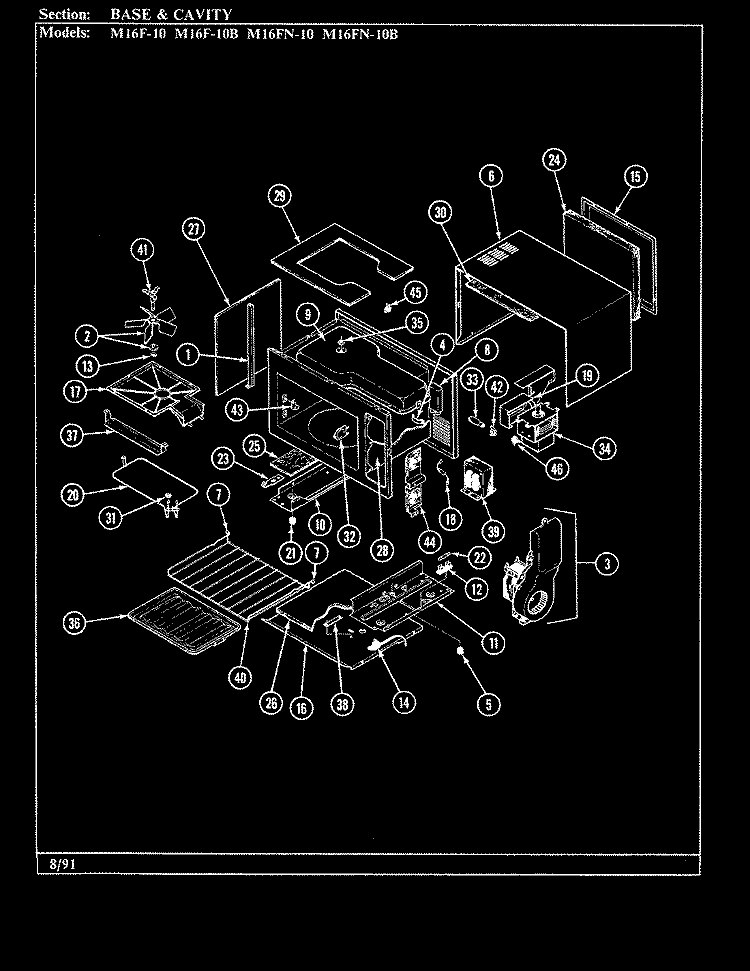 BASE & CAVITY Diagram and Parts List for M16FN-10B  Magic Chef Microwave