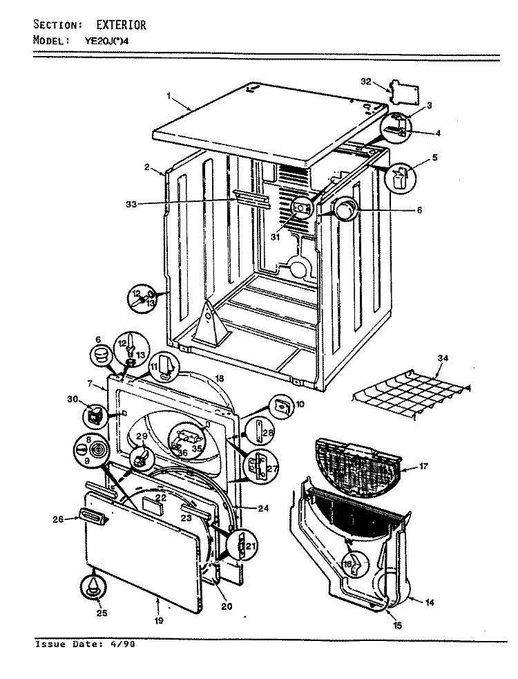 EXTERIOR (REV. A - D) Diagram and Parts List for YE20JN4  Magic Chef Dryer