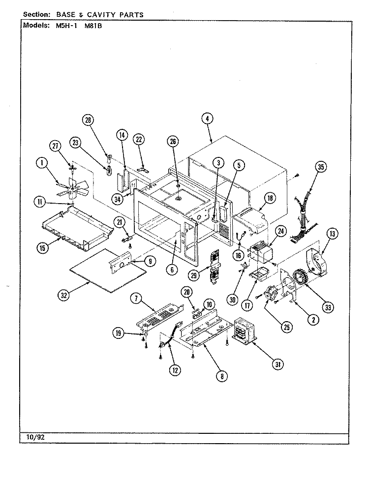 BASE & CAVITY Diagram and Parts List for M5HW-1  Magic Chef Microwave