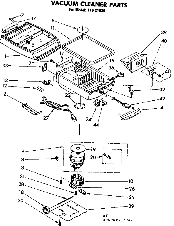 Base Assembly Diagram and Parts List for 11621830  Kenmore Canister Vacuum
