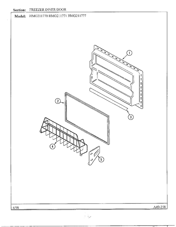 Freezer Inner Door Diagram and Parts List for HMG211770  Admiral Refrigerator