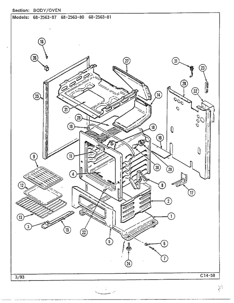 Body/oven Diagram and Parts List for 68-2563-87  Magic Chef Range