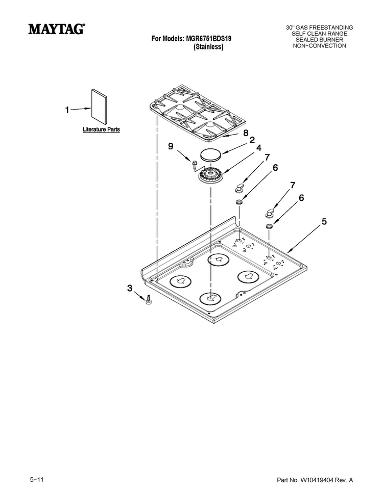 Cooktop Parts Diagram and Parts List for MGR6751BDS19  Maytag Range