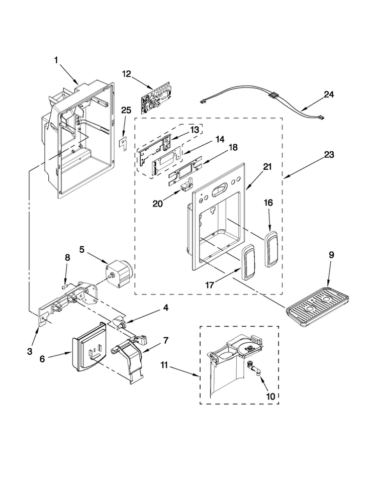 Dispenser Front Parts Diagram and Parts List for JCD2395WES02  Jenn-Air Refrigerator