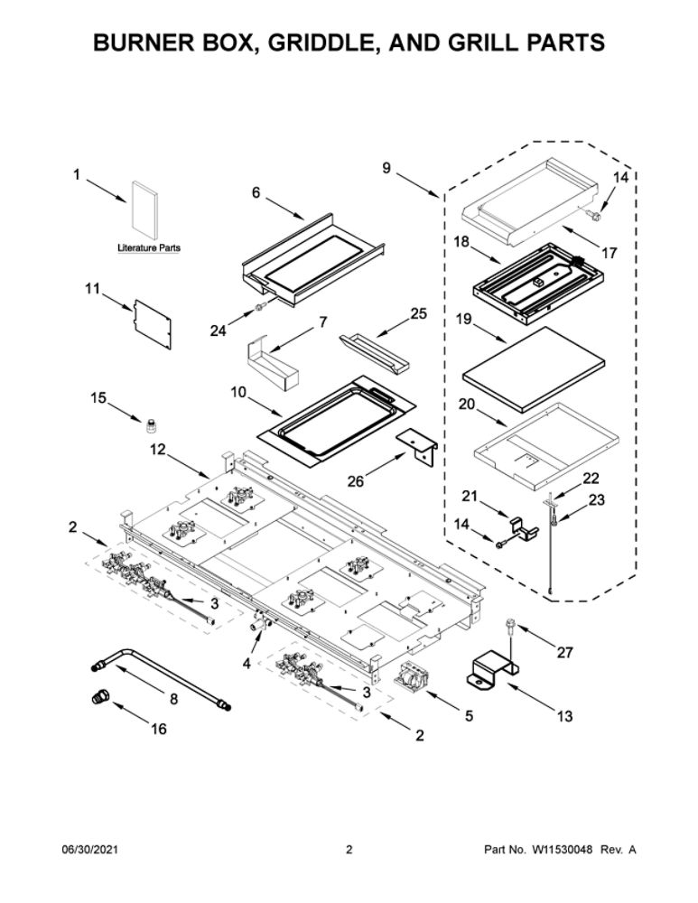 Burner Box, Griddle, And Grill Parts Diagram and Parts List for JDRP748HM01  Maytag Range