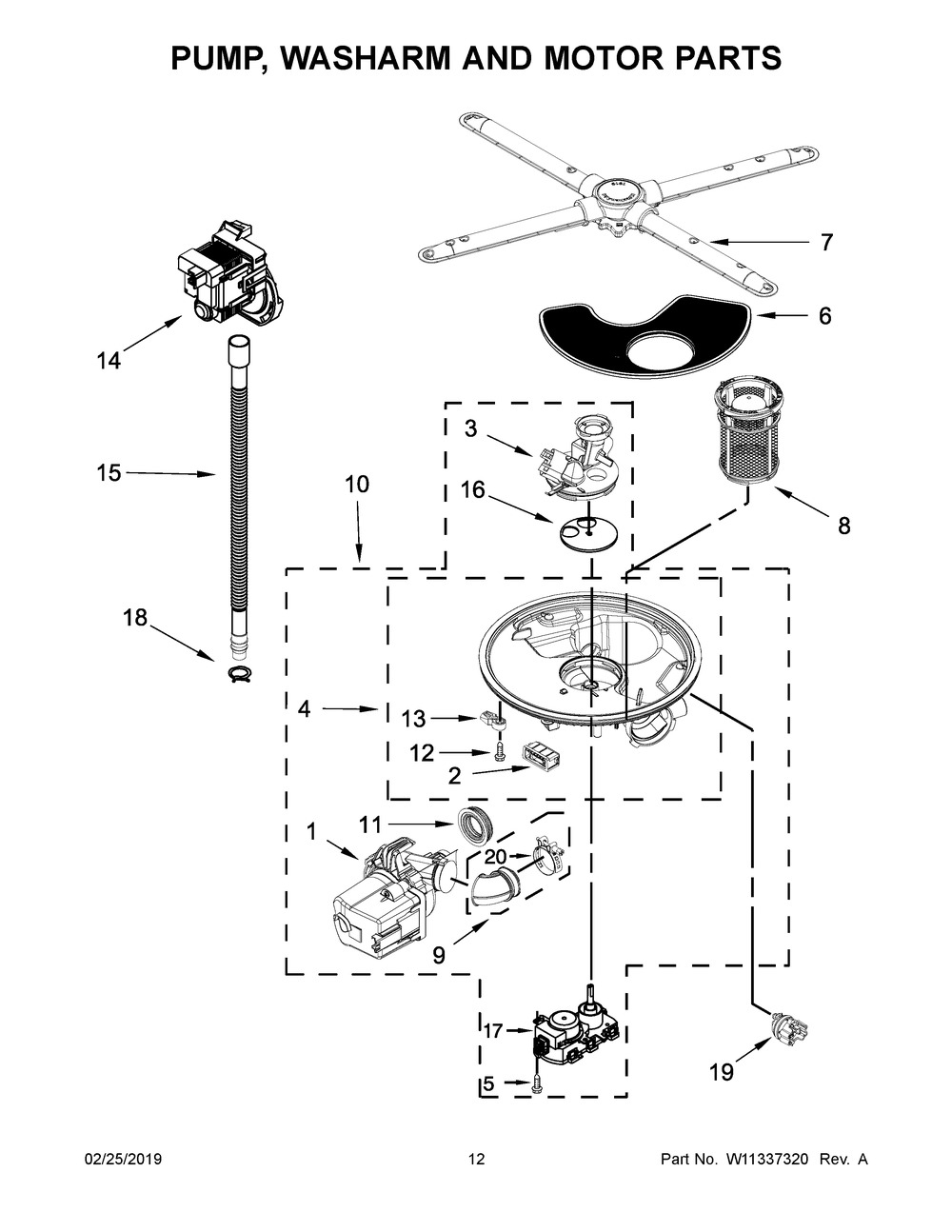 Pump, Washarm And Motor Parts Diagram and Parts List for JDTSS244GM0  Maytag Dishwasher