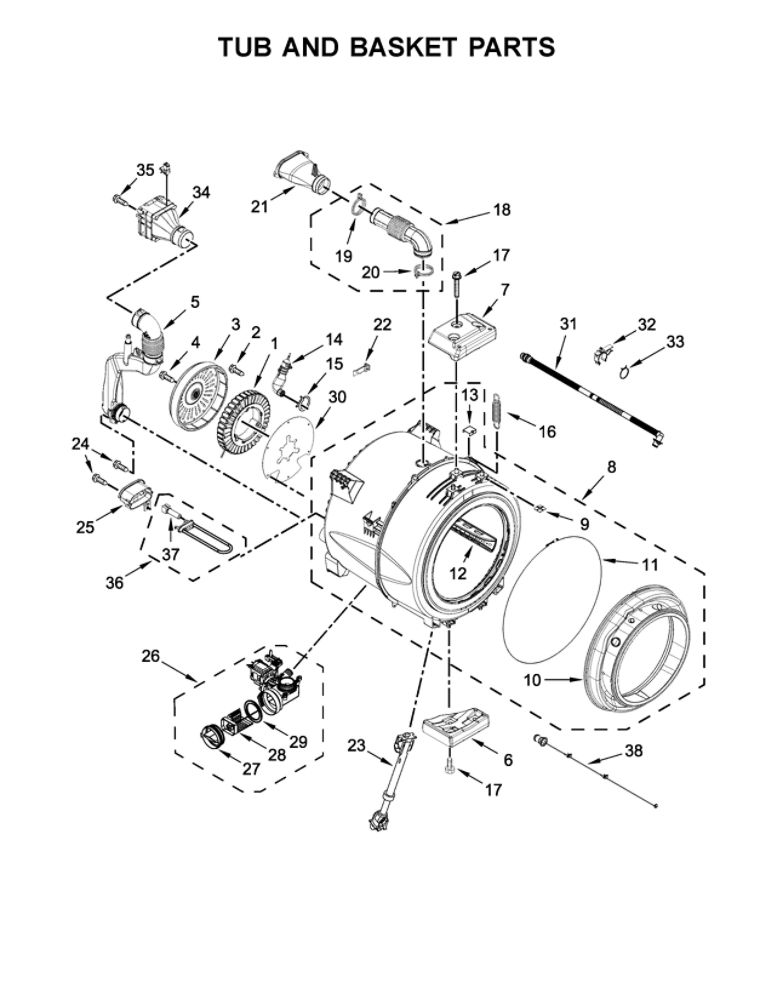 Tub And Basket Parts Diagram and Parts List for MHW5500FC1  Maytag Washer