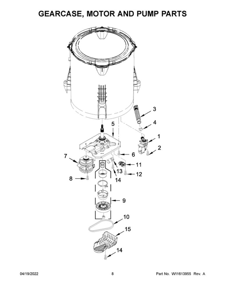 Gearcase, Motor And Pump Parts Diagram and Parts List for 3LMVWC415FW1  Maytag Washer