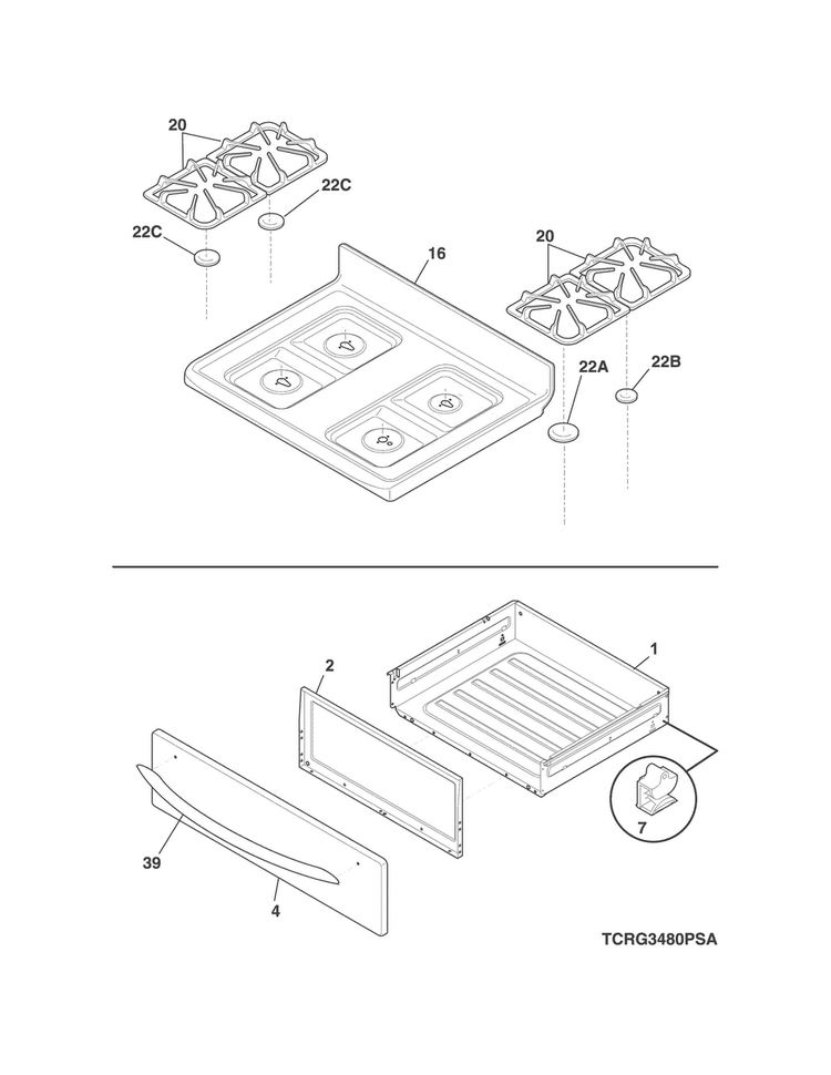 Top/drawer Diagram and Parts List for CRG3480PSB  Crosley Range