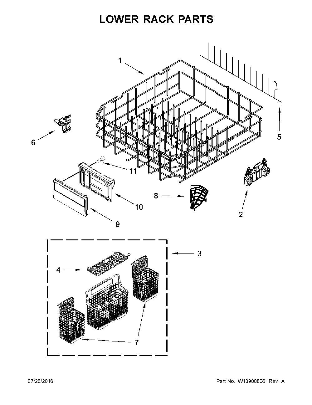 Lower Rack Parts Diagram and Parts List for 66514819N611  Kenmore Dishwasher