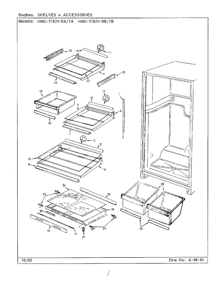 Shelves And Accessories Diagram and Parts List for 21824-0A  Admiral Refrigerator