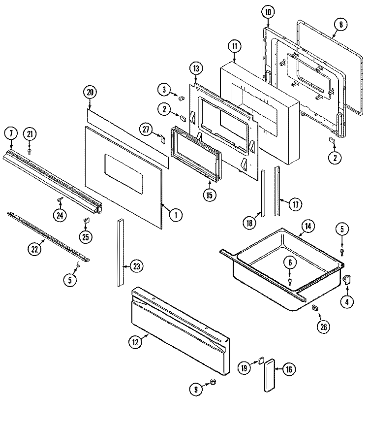 DOOR / DRAWER Diagram and Parts List for 3882XRA  Magic Chef Range