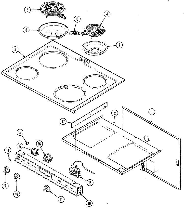 MAIN TOP Diagram and Parts List for 6500SRS  Magic Chef Range