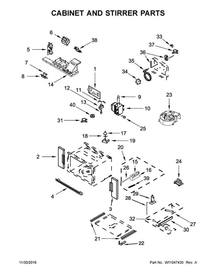 Cabinet And Stirrer Parts Diagram and Parts List for JMW3430HP00  Jenn-Air Microwave