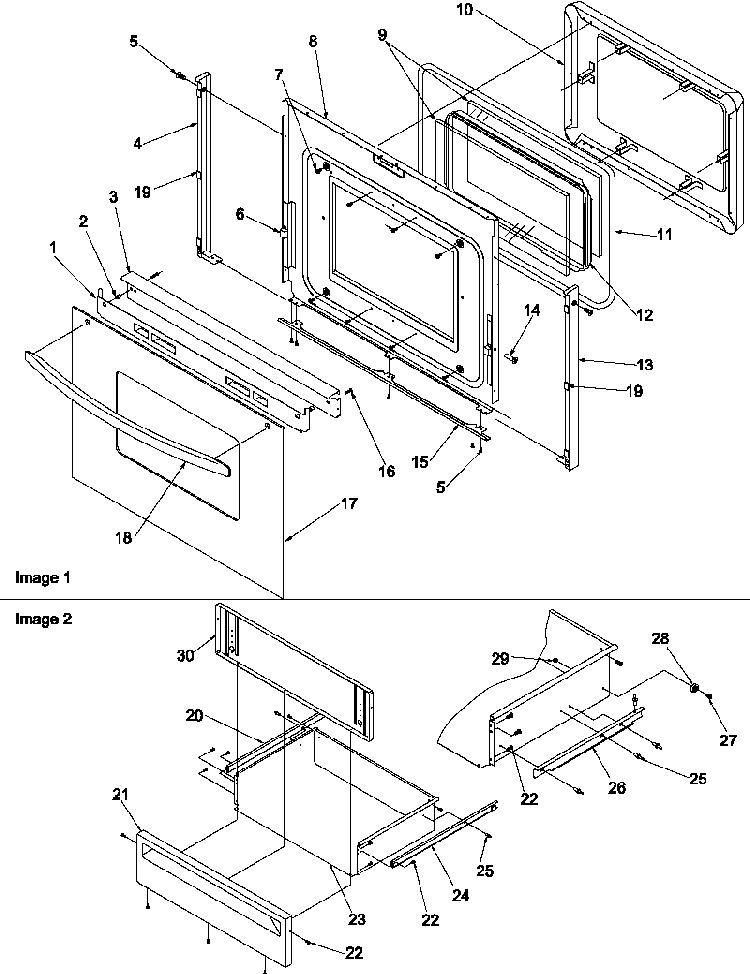 Oven Door And Storage Drawer Diagram and Parts List for ARTC8600E P1143463NE Amana Range