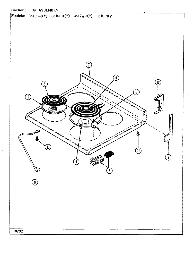 TOP ASSEMBLY Diagram and Parts List for 3510PRV  Magic Chef Range