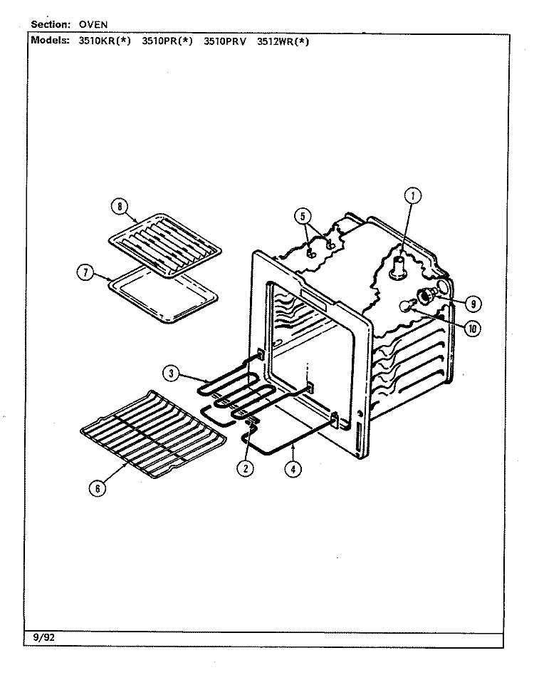 OVEN Diagram and Parts List for 3510PRV  Magic Chef Range