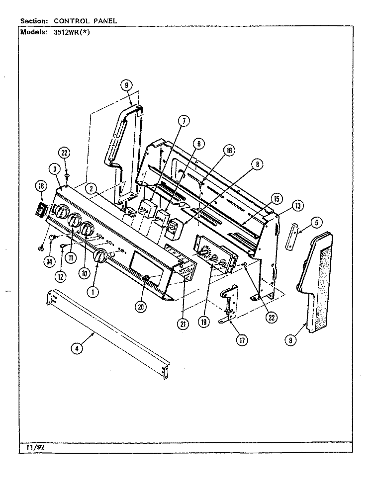 CONTROL PANEL Diagram and Parts List for 3512WRA  Magic Chef Range