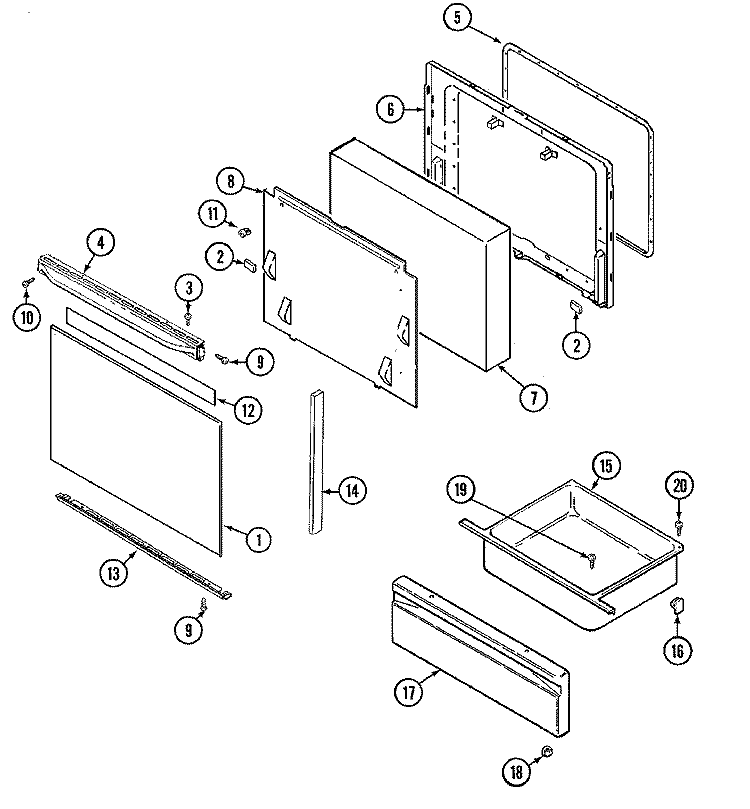 DOOR / DRAWER Diagram and Parts List for 3842SRA  Magic Chef Range