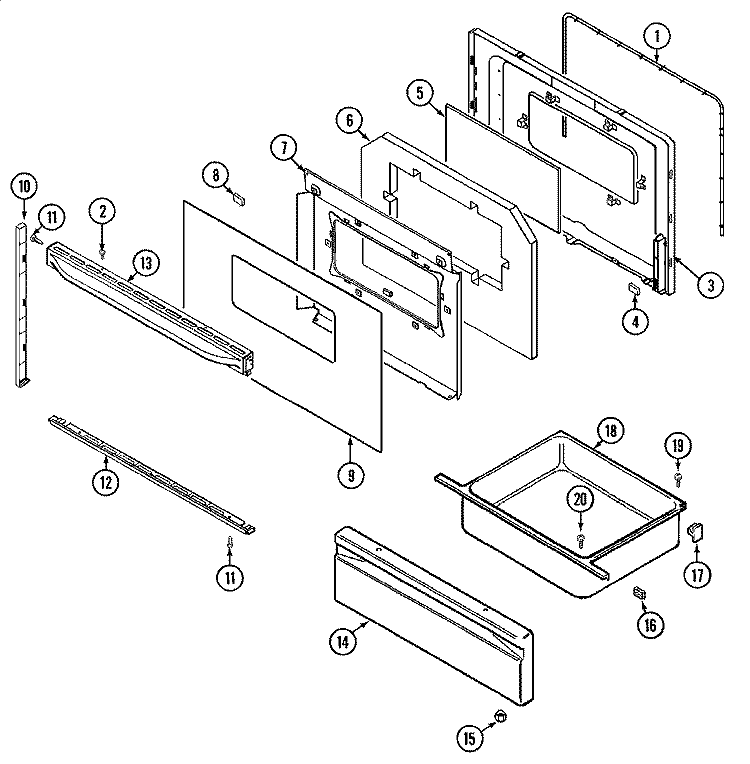 DOOR / DRAWER (SERIES 24) Diagram and Parts List for 3527XRA  Magic Chef Range