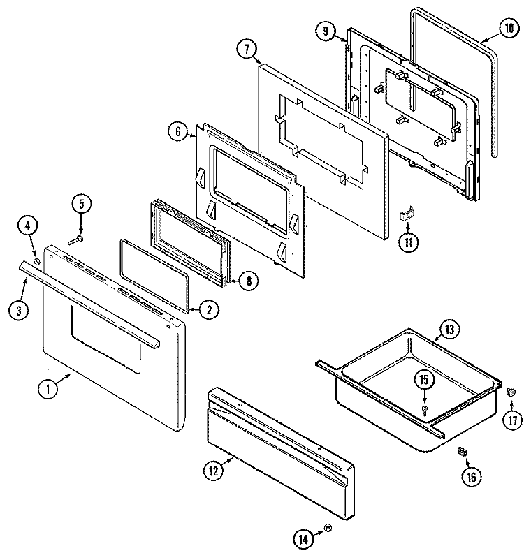 DOOR / DRAWER (WUW SERIES 27) Diagram and Parts List for 6551WUW  Magic Chef Range
