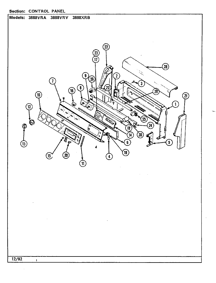 CONTROL PANEL Diagram and Parts List for 3888VRV-Z  Magic Chef Range